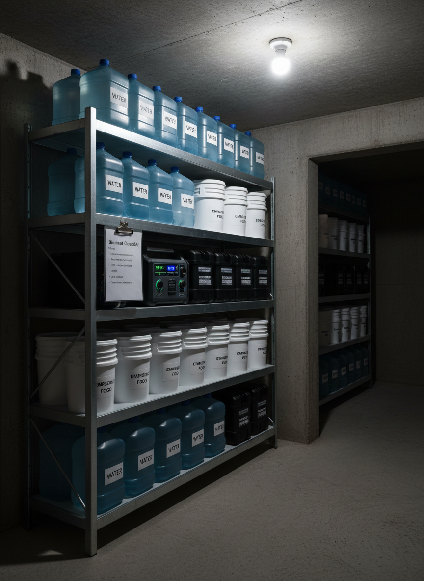 A sturdy metal shelving unit in a concrete-walled basement, fully stocked with neatly labeled water containers, stackable food buckets, battery boxes, and a compact portable power station with glowing indicator lights. A laminated “Blackout Checklist” hangs from a clip on the shelf. Overhead, a single bare bulb throws harsh, industrial light, creating crisp shadows and emphasizing textures of brushed metal, plastic, and unfinished concrete. Photographic realism, medium-wide shot with rule-of-thirds composition, shelves on one side, an open, shadowy corridor on the other. The atmosphere feels controlled, organized, and boldly pragmatic, reinforcing the idea that preparedness is a deliberate, rational plan.