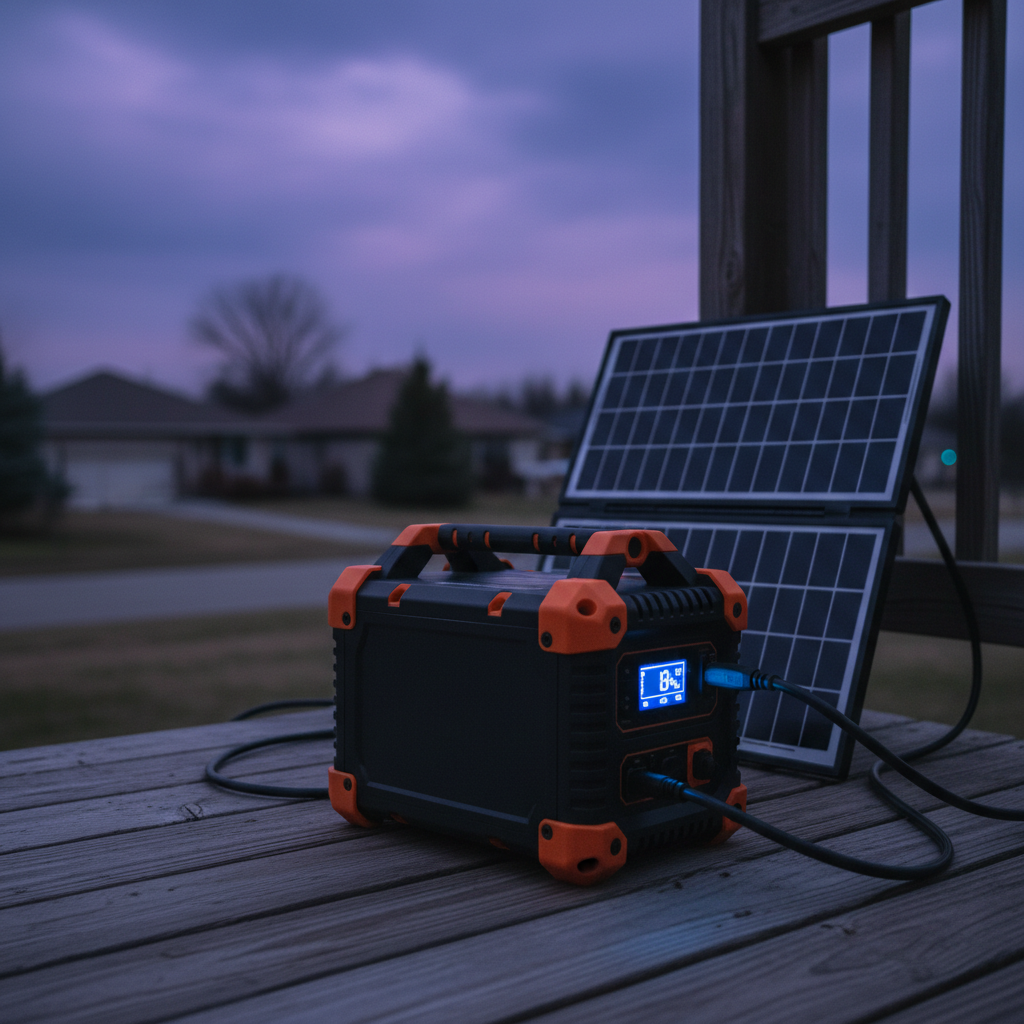 A close-up, cinematic view of a rugged portable solar generator placed on a weathered wooden deck, its matte black casing contrasted with bright orange corner guards and thick rubberized handles. Cables run to a compact fold-out solar panel propped against the railing, beyond which a darkened suburban neighborhood stretches under a moody twilight sky. The last light of day provides a cool, diffused glow, while the generator’s LCD screen emits a sharp, electric blue. Photographic realism, low-angle composition with shallow depth of field, generator in razor focus and houses subtly blurred. The mood is bold and resilient, suggesting quiet confidence in the face of an extended blackout.