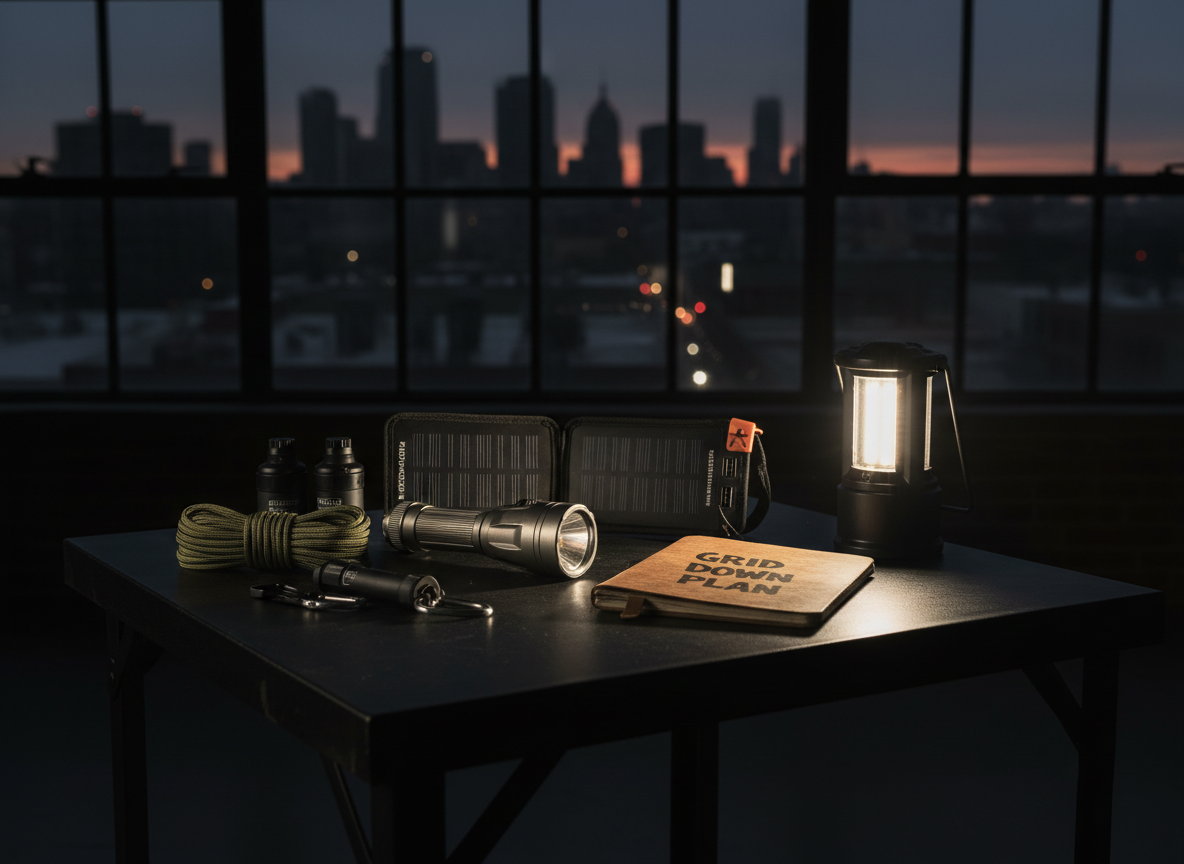 A rugged emergency blackout kit laid open on a matte black steel table, featuring a heavy-duty flashlight, compact solar charger, neatly coiled paracord, water filters, and a dog-eared notebook labeled “Grid Down Plan.” The background shows a darkened city skyline through a loft-style window, only a faint orange glow on the horizon. A single LED lantern on the table casts stark, directional light, carving bold highlights into metal edges and deep shadows across the gear. Photographic realism, shot at eye level with a slight three-quarter angle, sharp focus on the kit, and a soft bokeh city backdrop. The mood is bold and urgent, conveying competent readiness rather than fear.